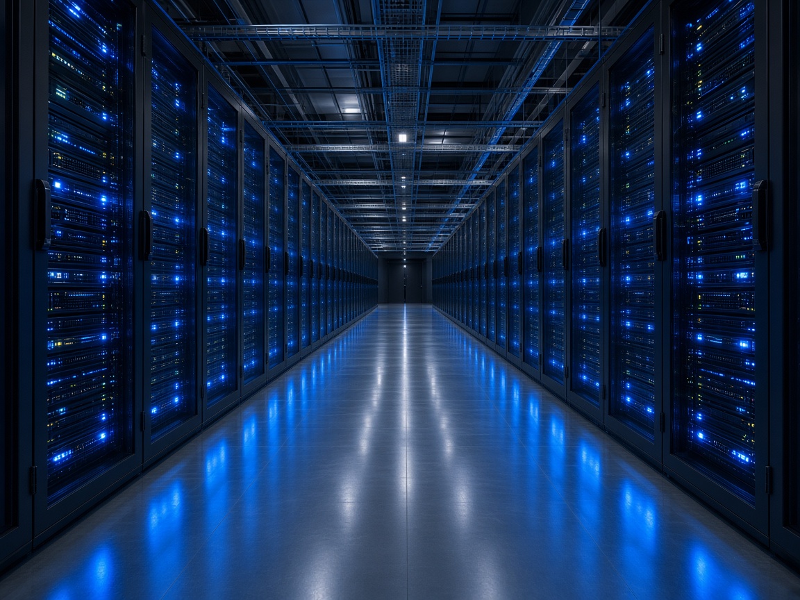 Corredor de racks com iluminação LED no datacenter