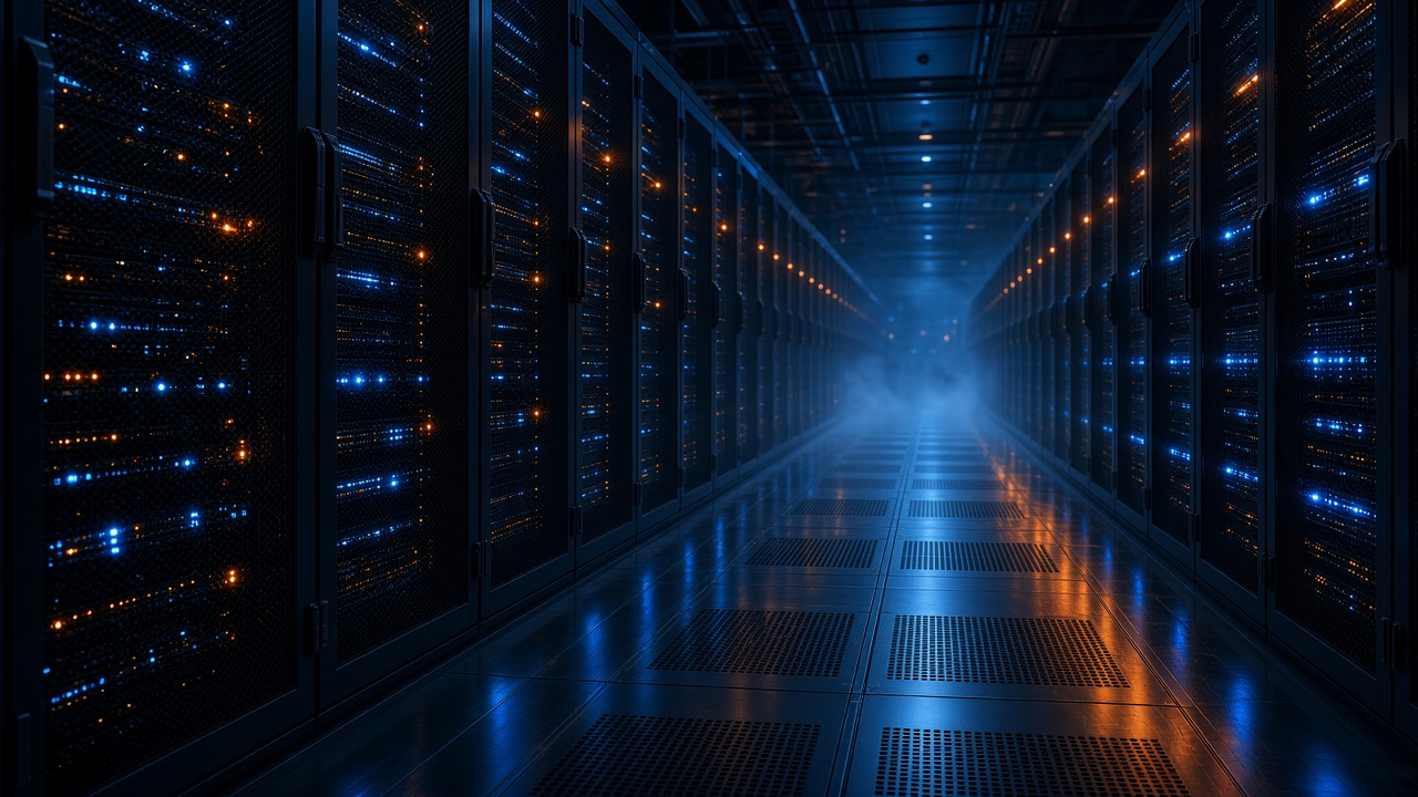 Corredor iluminado de datacenter com racks de servidores